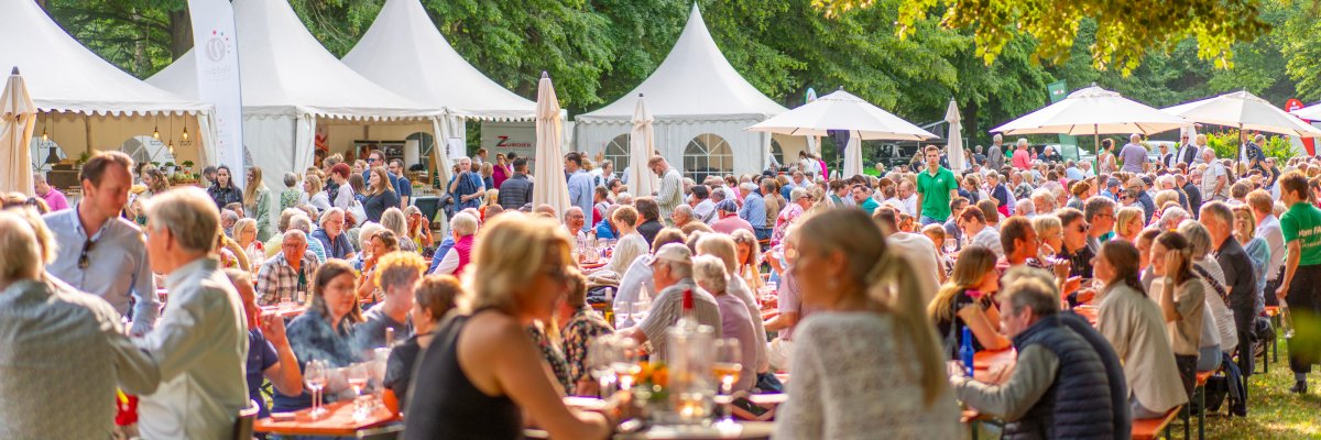 Weinfest Gäste an Tischen im Emsseepark