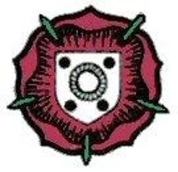 Ein rotes Wappen in der Form einer Rose