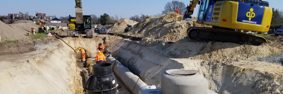 Eine geböschte Baugrube mit einer Tiefe von ca. 2 Meter in der einige Arbeiter zwei Leitungen verlegen. Im Vordergrund sind zwei Schachtbauwerke errichtet worden.