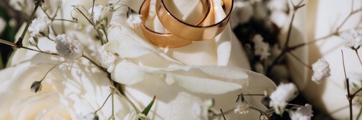 Golden wedding rings on the white rose  from the wedding bouquet